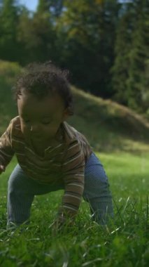 Canlı bir açık hava ortamında, meraklı bir çocuk etraflarındaki yumuşak, yemyeşil çimenlerde mutlu bir şekilde sürünüyor.