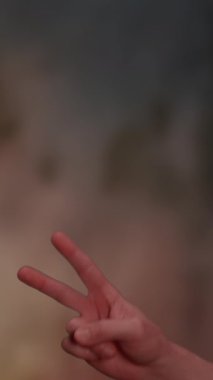 Güzelce bulanık bir arkaplan arasında barış işareti olan bir el, olumlu ve özgürlük duygusunu etkili bir şekilde iletir.