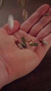 Açık bir el, çeşitli bitkisel kapsüller seçiyor, doğal sağlık takviyelerini etkili bir şekilde gösteriyor.