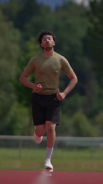 Çevresi yeşilliklerle, spor salonlarıyla ve açık hava aktiviteleriyle çevrili bir pistte koşan genç bir adam..