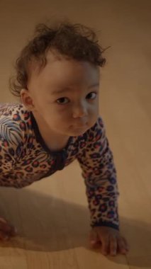 Sevimli bir bebek yerde sürünüyor, merakını ve neşesini sergiliyor ve çevreyi neşeyle keşfediyor.