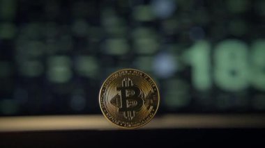 Bir Bitcoin sikkesi dijital bir arkaplan karşısında duruyor, kripto para içgörülerinin odak noktası olarak görev yapıyor.