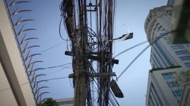 Geniş bir manzara, açık mavi gökyüzünün altındaki kentsel bir ortamda kabloyla süslenmiş sayısız elektrik direğini gösteriyor.