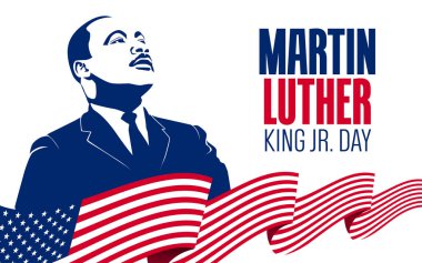 Martin Luther King Jr. Günü, vektör çizimleri, tipografi tebrik kartı tasarımı. Afiş için grafik tasarımı, ABD bayrağı.