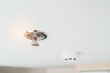 Fire Sprinkler and Smoke sensor detector mounted on roof in home or apartment. Safety and conflagration security concept clipart
