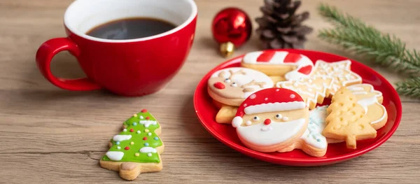 Merry Christmas Homemade Cookies Coffee Cup Wood Table Background Xmas — Stock Photo, Image