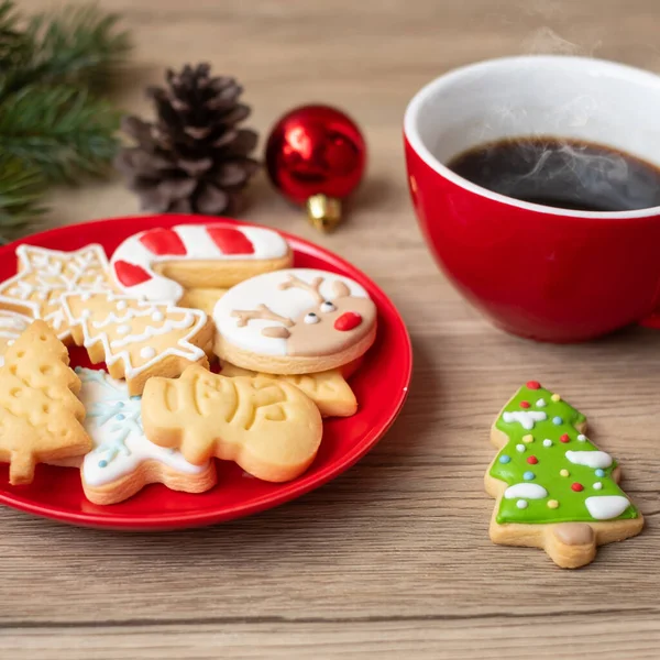 Merry Christmas Homemade Cookies Coffee Cup Wood Table Background Xmas — Stock Photo, Image