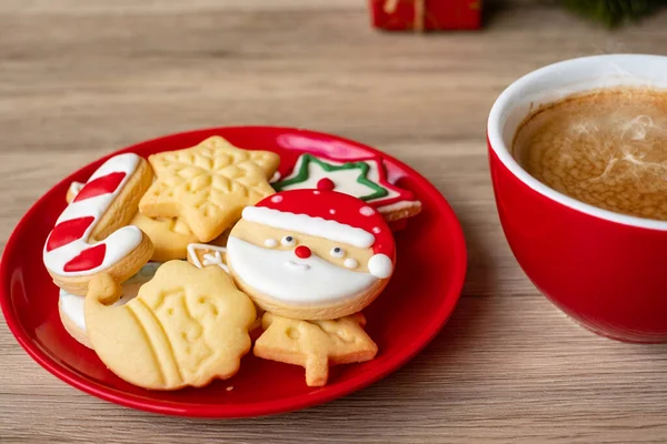 stock image Merry Christmas with homemade cookies and coffee cup on wood table background. Xmas eve, party, holiday and happy New Year concept