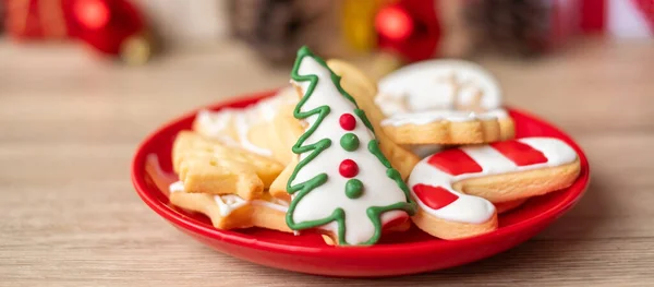 Frohe Weihnachten Mit Hausgemachten Plätzchen Auf Holztischhintergrund Weihnachten Party Urlaub — Stockfoto