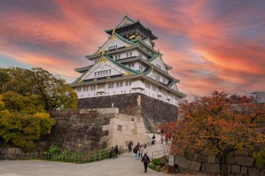 Sonbahar yaprakları mevsiminde yer alan Osaka Şatosu, ünlü bir Japon şatosudur. Osaka, Kansai, Japonya, 28 Kasım 2019