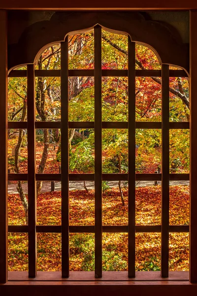Ramka Między Drewnianym Oknem Pięknym Klonem Ogrodzie Japońskim Świątyni Enkoji — Zdjęcie stockowe