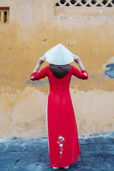 Felice Donna Che Indossa Dai Vietnamita Vestito Cappello Viaggiatore Visite — Foto Stock