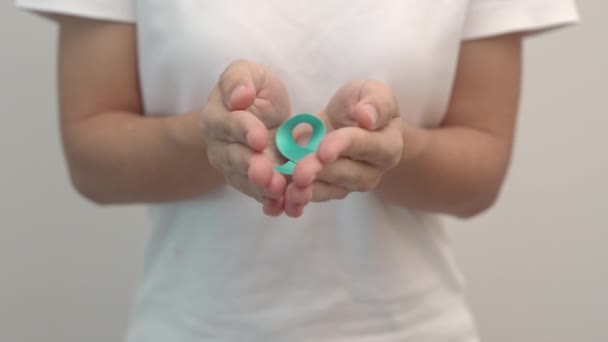 Blue November Prostate Cancer Awareness Month Woman Holding Blue Ribbon — Stock Video