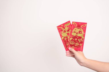woman holding Chinese red envelope with golden rabbit and blessing word, money gift for happy Lunar New Year holiday. Chinese sentence means happiness, healthy, Lucky and Wealthy