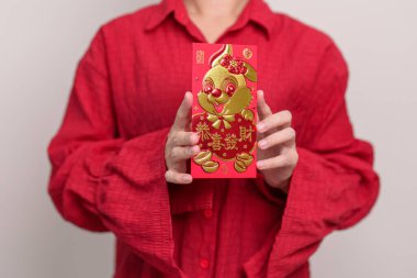 woman holding Chinese red envelope with golden rabbit and blessing word, money gift for happy Lunar New Year holiday. Chinese sentence means happiness, healthy, Lucky and Wealthy