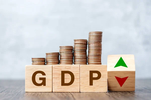 GDP block with Coins stack and UP and Down arrow symbol icon. Gross domestic product, Financial, Management, Economic, Inflation, recession and Money concepts