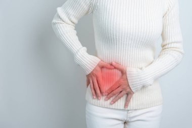 woman having side back pain. Urinary system and Stones, Cancer, world kidney day, Chronic kidney stomach, liver pain and pancreas concept