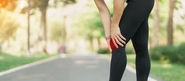 adult woman with muscle pain during running. runner have knee ache due to Runners Knee or Patellofemoral Pain Syndrome, osteoarthritis and Patellar Tendinitis. Sports injuries and medical concept