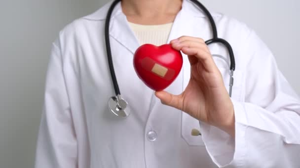 Lekarz Trzymający Czerwone Serce Szpitalu Miłość Dawca Światowy Dzień Serca — Wideo stockowe
