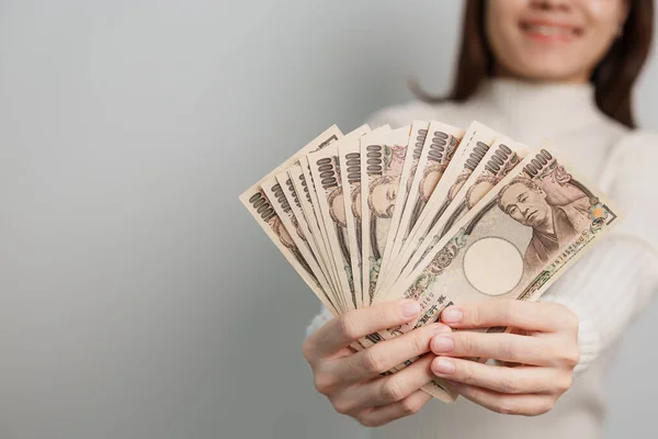 Woman Hand Holding Japanese Yen Banknote Stack Thousand Yen Money —  Fotos de Stock