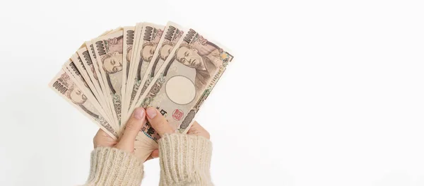 Woman Hand Holding Japanese Yen Banknote Stack Thousand Yen Money — 图库照片