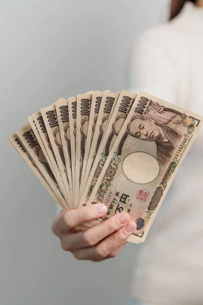 Woman Hand Holding Japanese Yen Banknote Stack Thousand Yen Money — 图库照片