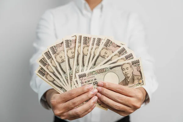 Man Hand Holding Japanese Yen Banknote Stack Thousand Yen Money — 图库照片