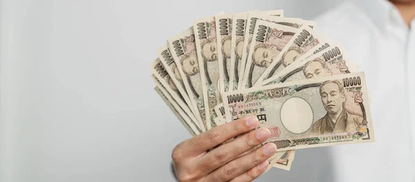 Man Hand Holding Japanese Yen Banknote Stack Thousand Yen Money — Stock Fotó