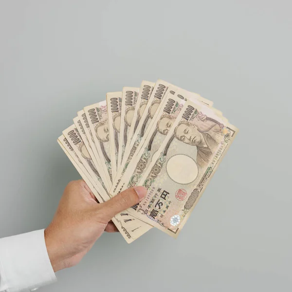 Man Hand Holding Japanese Yen Banknote Stack Thousand Yen Money —  Fotos de Stock