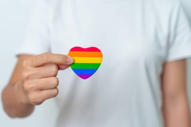 LGBT gurur ayı konsepti veya LGBTQ + veya LGBTQIA + Lezbiyen, Gay, Biseksüel, Transseksüel, Queer, Intersex, Asexual, Agender, Non Binary, Two Spirit, Pansexual ve Demisexual için gökkuşağı kalp şekilli