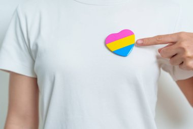 Panseksüel Onur Günü ve LGBT gurur ayı konsepti. Lezbiyen, Gey, Biseksüel, Transseksüel, Eşcinsel ve Panseksüel Topluluğu için pembe, sarı ve mavi kalp şeklinde el ele tutuşmalar