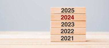 2024 üzerinde 2025 blok ve masa arkasında 2023 ahşap bina. İş planlaması, Risk Yönetimi, Çözüm, Strateji, Çözüm, Hedef, Yeni Yıl Yeni Sen ve Mutlu Noeller kavramları