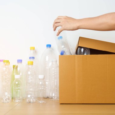 Gönüllü, plastik şişeyi evde ya da ofiste karton kutuya koyuyor. Geri Dönüşüm çöpünü elle ayırmak. Ekoloji, Çevre, Kirlilik, Geri dönüşüm, Atık Yönetimi ve Çöp Ayrıştırma Konsepti