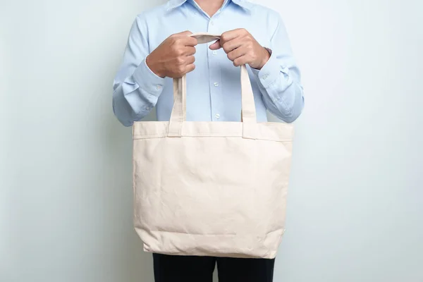 Man Eco Shopping Tote Bag Copy Space Text Environmental Protection — Stock Photo, Image