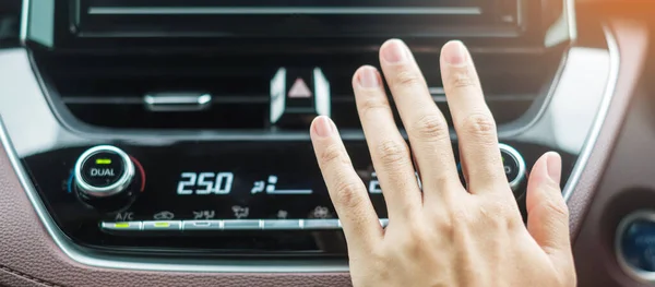 Woman Hand Checking Air Flowing Driving Car Road Air Conditioner — Stok fotoğraf
