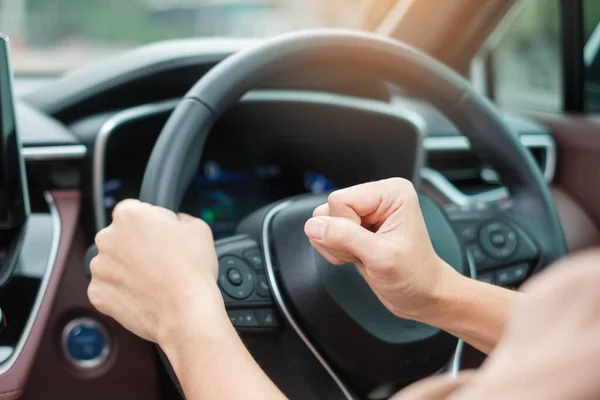 Woman Driver Honking Car Driving Traffic Road Hand Controlling Steering — Stok fotoğraf