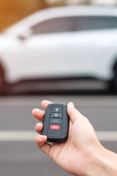 Hand Holding Car Remote Control Smart Key Lock Unlock Doors — Stock Photo, Image