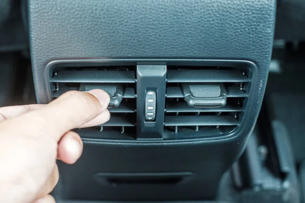 Woman Hand Adjusting Temperature Air Flowing Driving Car Road Air — Stok fotoğraf