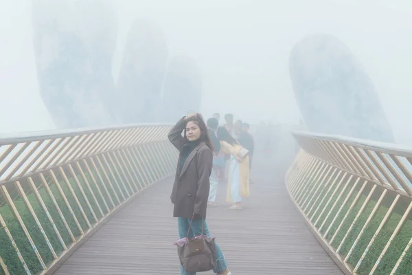 Woman Traveler Sightseeing Golden Bridge Top Hills Landmark Popular Vietnam — Stock Photo, Image