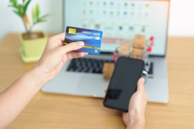 Kadının biri kredi kartını tutuyor ve sipariş verirken cep telefonuyla internetten alışveriş yapıyor. Pazar yeri platformu web sitesi, teknoloji, ecommerce, nakliye teslimatı ve çevrimiçi ödeme