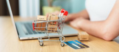 Kadının biri kredi kartını tutuyor ve sipariş verirken cep telefonuyla internetten alışveriş yapıyor. Pazar yeri platformu web sitesi, teknoloji, ecommerce, nakliye teslimatı ve çevrimiçi ödeme