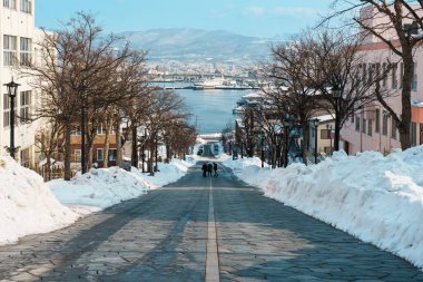 Kış mevsiminde Hachiman Zaka Slope ve Snow. Japonya 'nın Hokkaido şehrinde önemli ve popüler bir yer. Seyahat ve Tatil kavramı