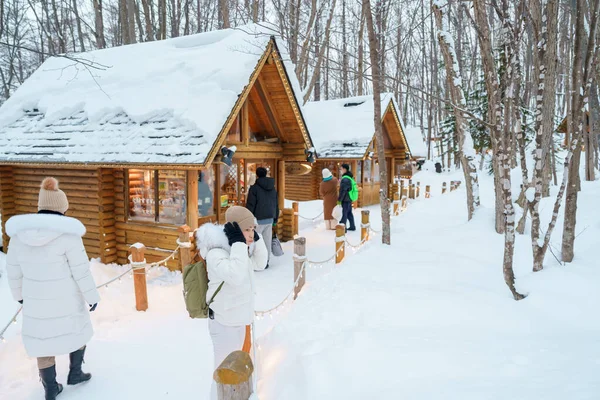 Furano 'yu ziyaret eden kadın turist, kazaklı gezgin kışın Snow' la Ningle Terrace Cottages 'ı gezen gezgin. Japonya 'nın Hokkaido şehrinde önemli ve popüler bir yer. Seyahat ve Tatil kavramı