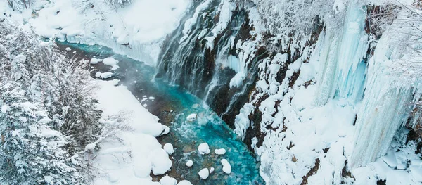 Shirahige Waterfall Med Snö Vintern Flödar Biei Floden Blue Pond — Stockfoto