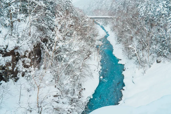 시라히게 폭포는 겨울에 이강은 폰드로 흐른다 홋카이도의 인기있는 명소이다 — 스톡 사진