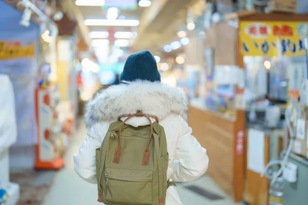 Woman Tourist Visiting Hakodate Traveler Sweater Sightseeing Asaichi Morning Market — Stock Photo, Image