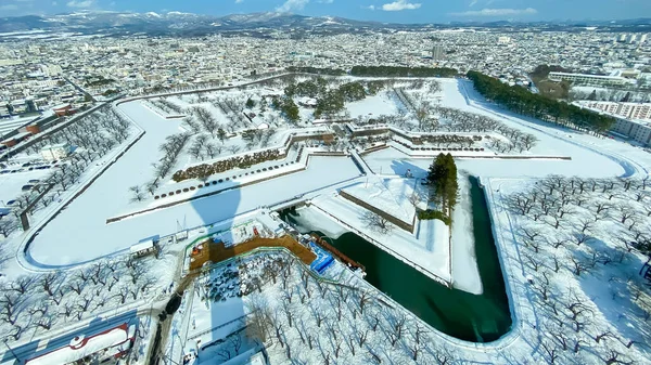 Vackert Landskap Och Stadsbild Från Goryokaku Torn Med Snö Vintersäsongen — Stockfoto