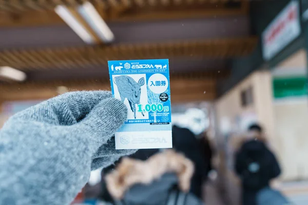 Mano Sosteniendo Boleto Del Zoológico Asahiyama Temporada Invierno Hito Popular — Foto de Stock