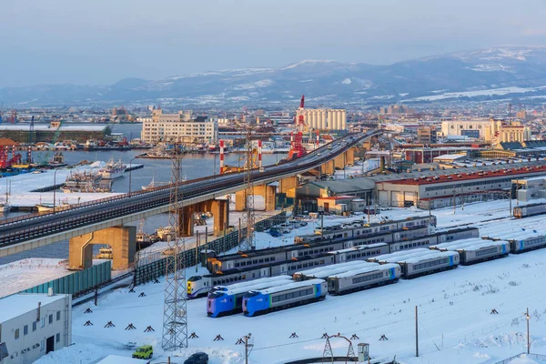 Bellissimo Paesaggio Paesaggio Urbano Dalla Stazione Ferroviaria Hakodate Con Neve — Foto Stock