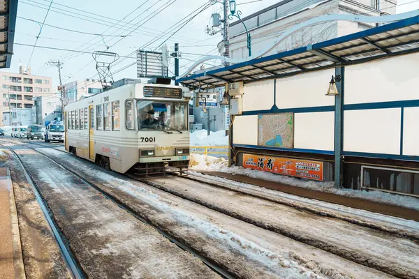Tren Hakodate Transporte Tranvía Con Nieve Temporada Invierno Ciudad Hakodate — Foto de Stock
